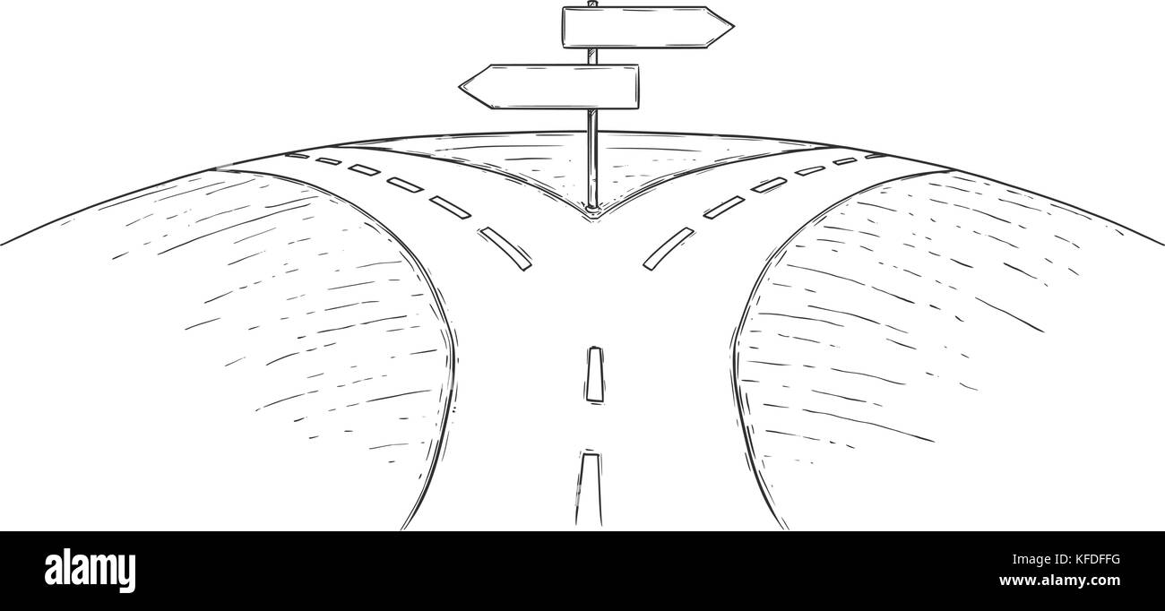 Vektor Zeichnung der Gabel in der Straße mit leer Leer Entscheidung Pfeil Zeichen. Stock Vektor