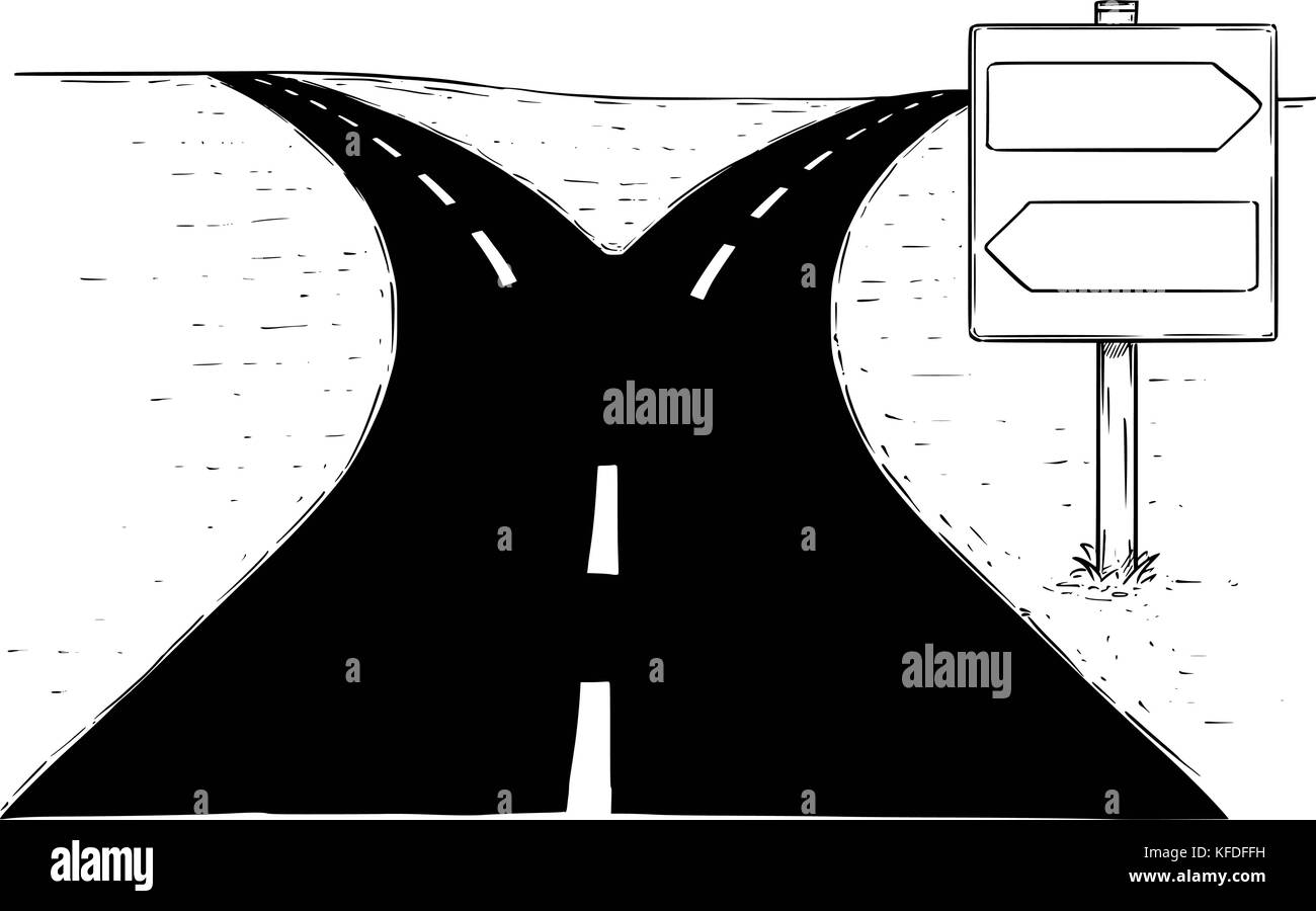 Vektor Zeichnung der Gabel in der Straße mit leer Leer Entscheidung Pfeil Zeichen. Stock Vektor