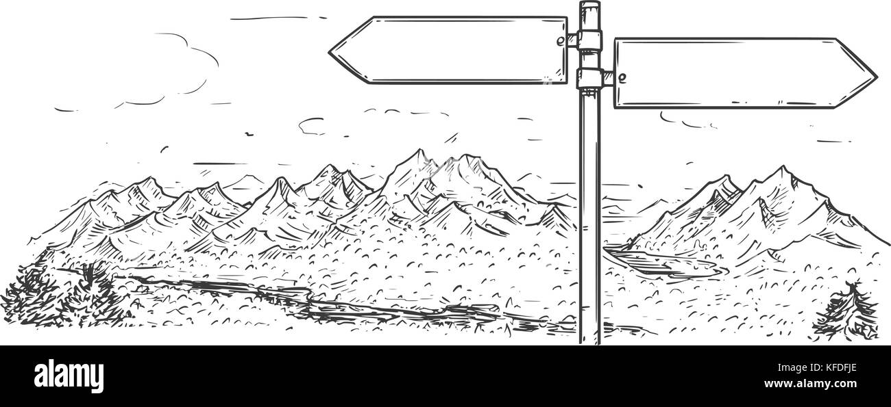 Vektor Komikbild von leer Leer Road Traffic sign in Berggebieten. Stock Vektor