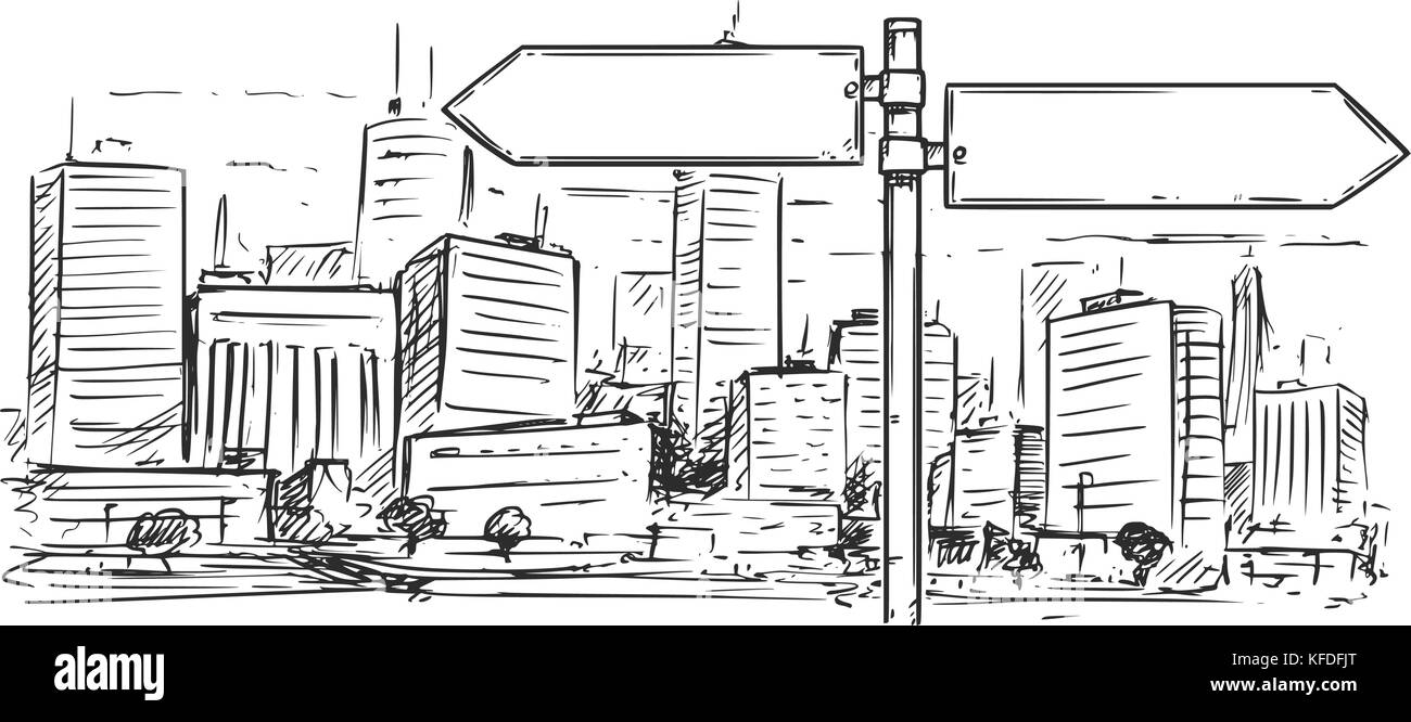 Vektor Komikbild von leer Leer Road Traffic sign auf Stadt Hochhäuser Hintergrund. Stock Vektor