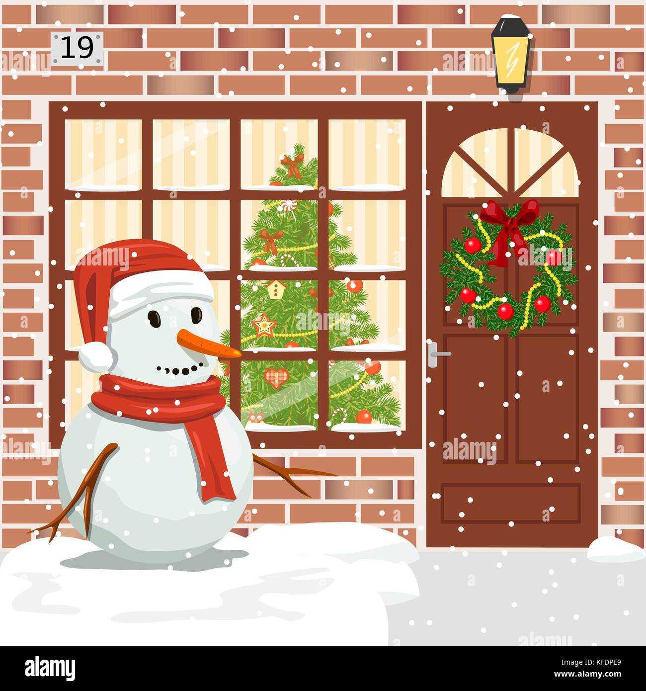 Weihnachten Tür dekoriert, Hauseingang mit Kranz. beleuchtete Fassade mit Schneemann frosty in Santa Hut Stock Vektor