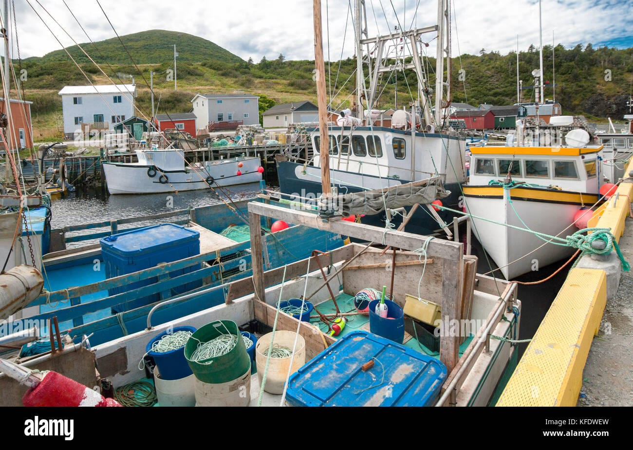 Der kommerzielle Fischfang Dock in Neufundland: Boote mit Fanggeräten warten an einem konkreten Dock in einem Hafen an der Westküste von Neufundland geladen. Stockfoto