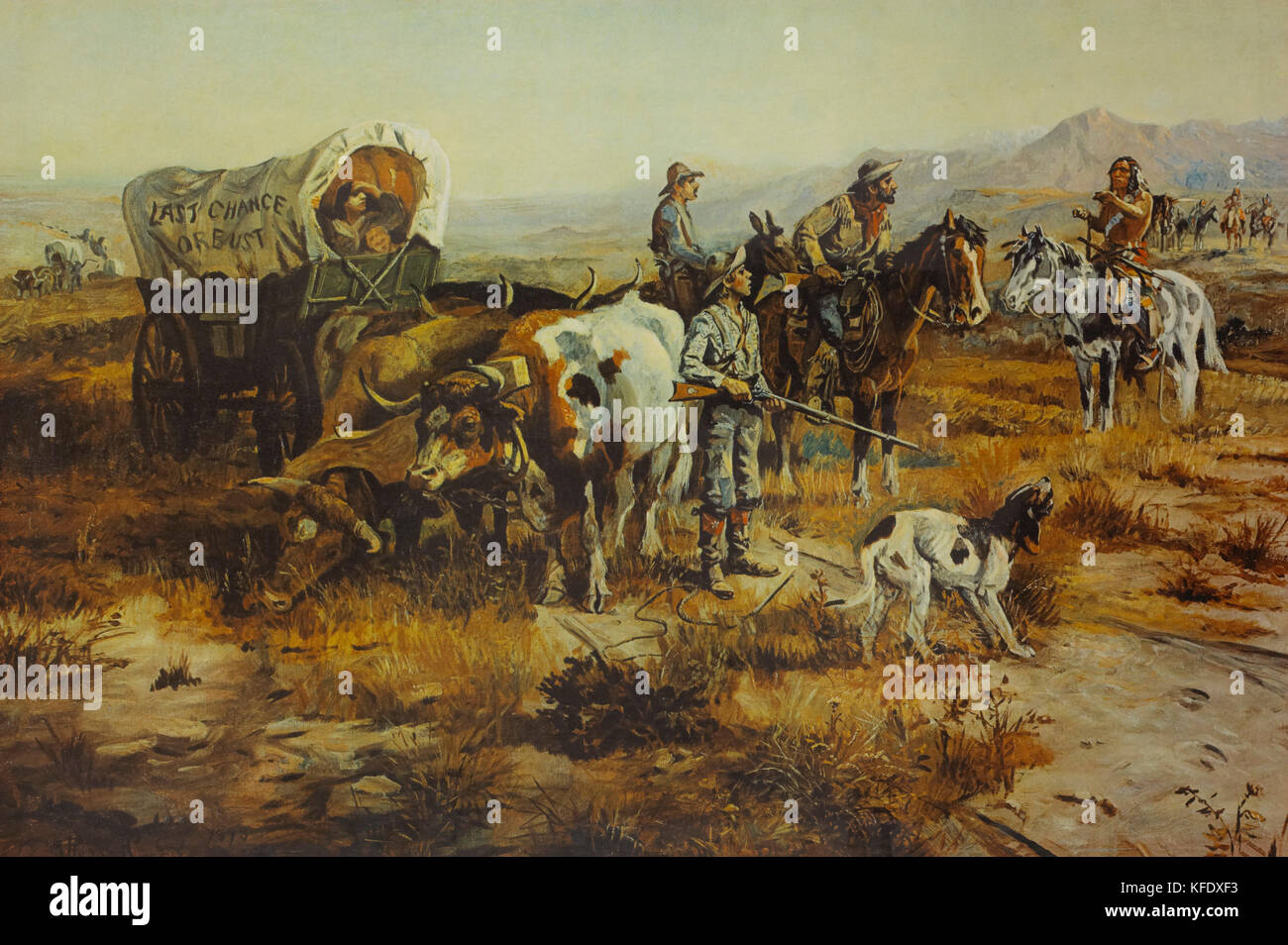 Letzte Chance oder Büste, Waggon Zug von Native Americans, Western Frontier, 1870 konfrontiert Stockfoto