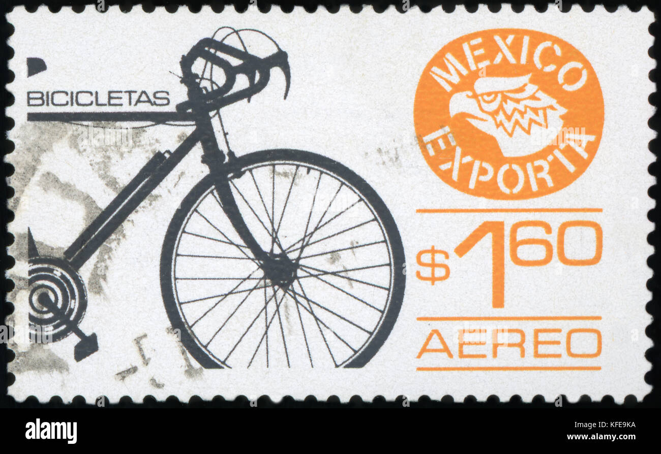 Mexiko - ca. 1975: Eine Briefmarke gedruckt in Mexiko gewidmet zum Exportieren von Fahrrädern aus Mexiko, ca. 1975 Stockfoto