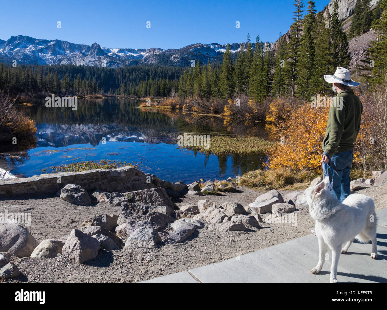 Mann und Hund bestaunen Twin Lakes im Mammoth Lakes Basin in Mammoth Lakes, Kalifornien Stockfoto
