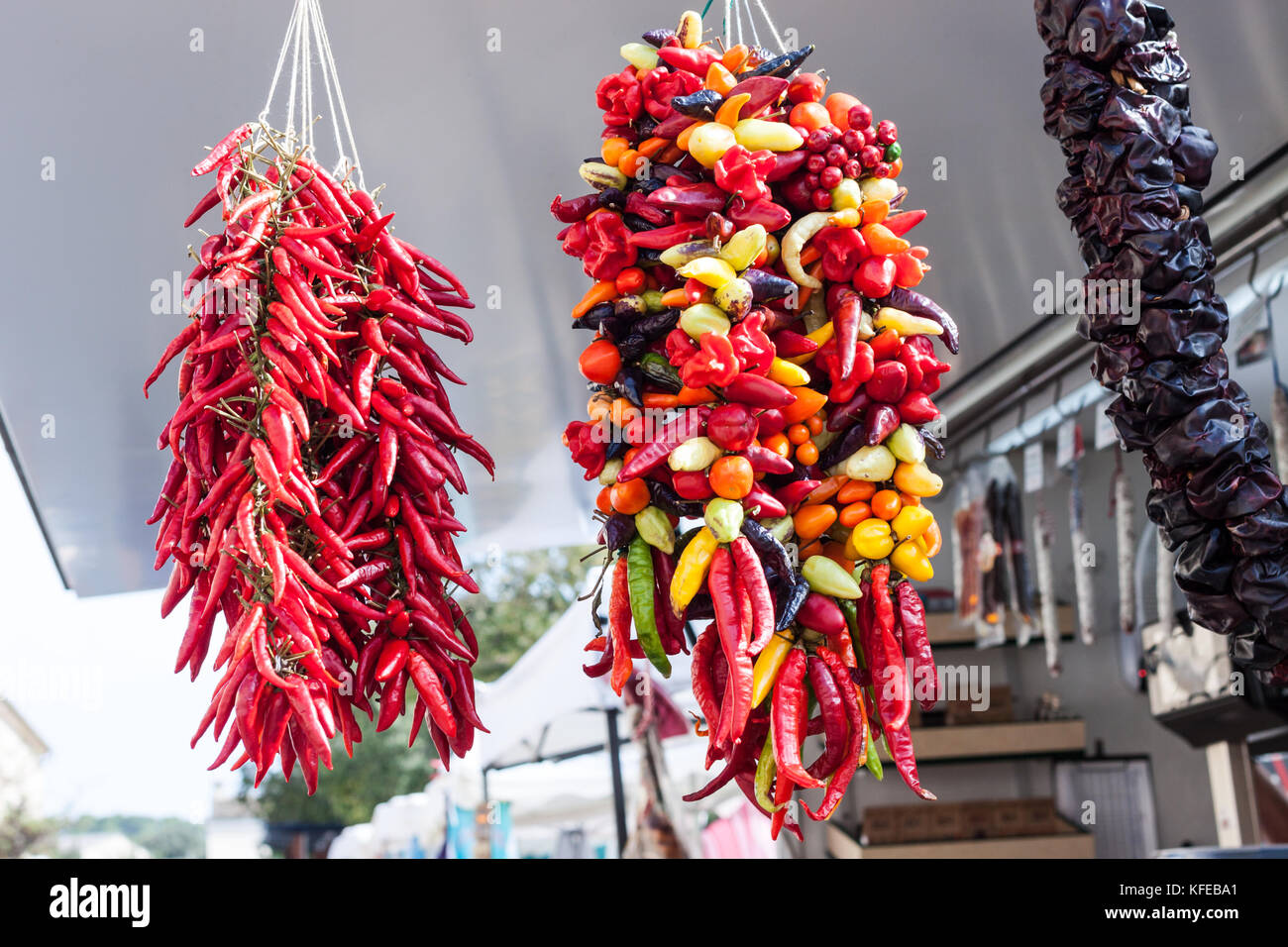 Hängende Stränge der gemischten bunten chili peppers für Verkauf bei Sineu Markt, Mallorca, Spanien Stockfoto