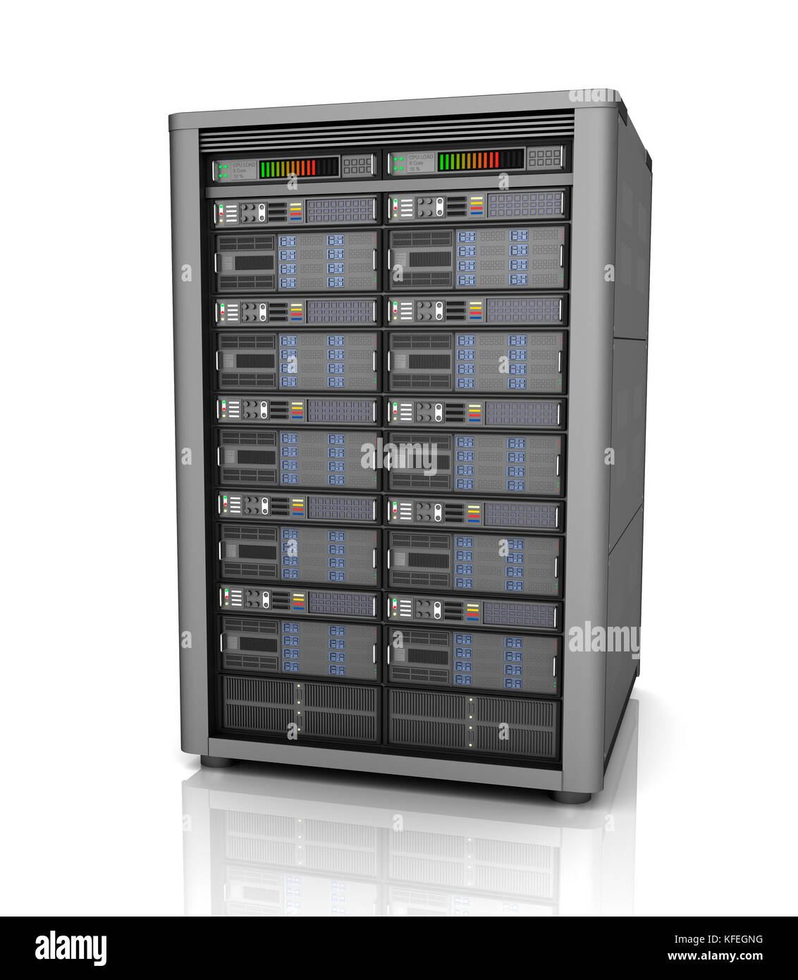 Reihe von Servern im Rechenzentrum auf weißem Hintergrund. 3D-Darstellung Stockfoto
