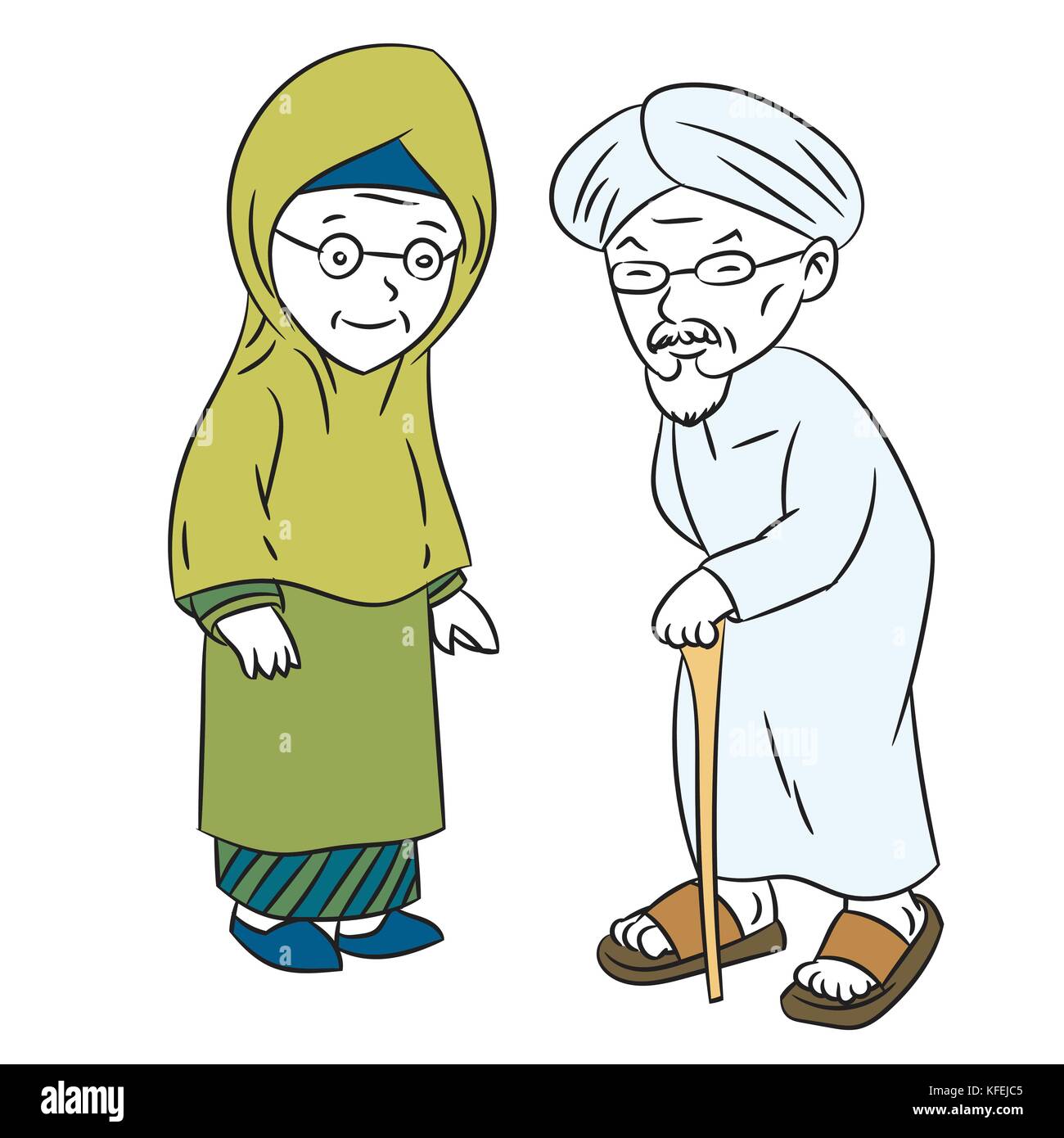 Abbildung: Muslimische älteren Cartoon, älteren Mann und Frau stehend, auf weissem Hintergrund - Cartoon Character Vector Stock Vektor