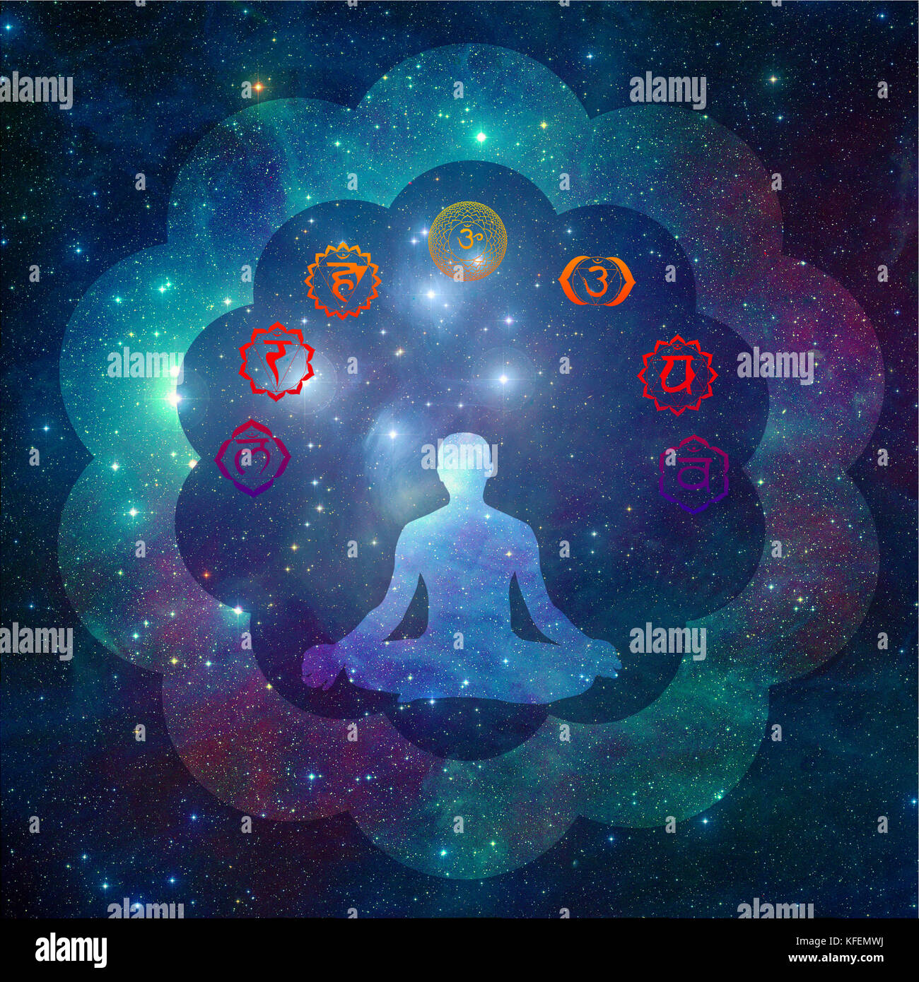 Chakra-Symbole und Silhouette eines Mannes im Yoga-Lotus Pose Stockfoto