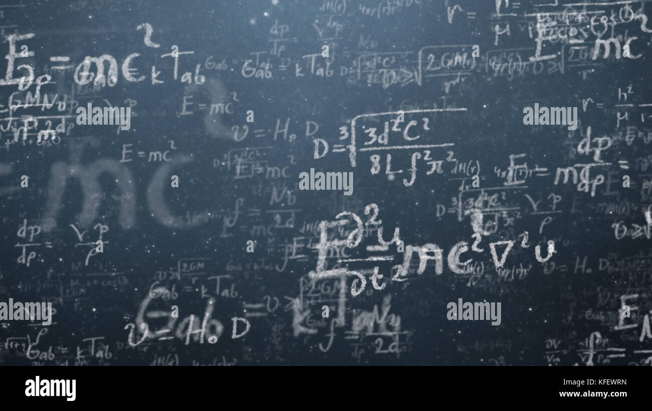 Hintergrundaufnahme von Tafel mit wissenschaftlichen und algebraischen Formeln und Grafiken in Grafiken. Geschäftskonzept – Skizze mit Schemata und Stockfoto