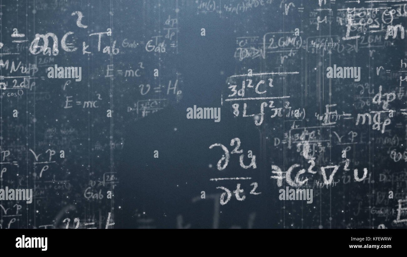 Hintergrundaufnahme von Tafel mit wissenschaftlichen und algebraischen Formeln und Grafiken in Grafiken. Geschäftskonzept – Skizze mit Schemata und Stockfoto