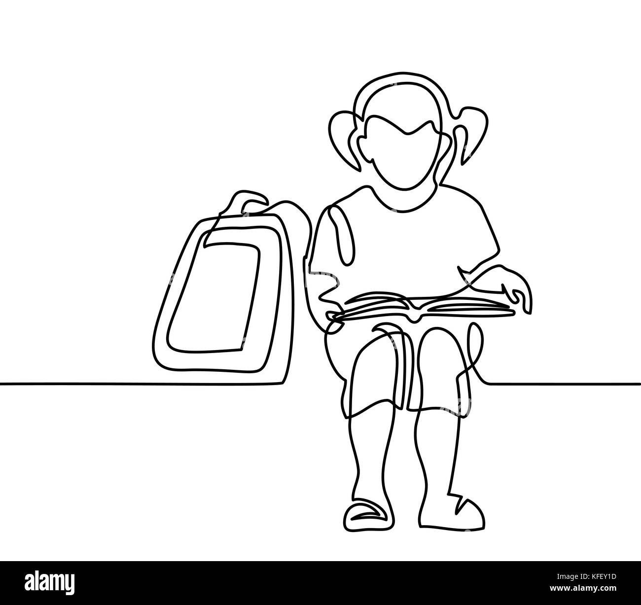 Mädchen lesen Buch. Zurück zum Konzept der Schule. Durchgehende Linie zeichnen. Vector Illustration auf weißem Hintergrund Stock Vektor