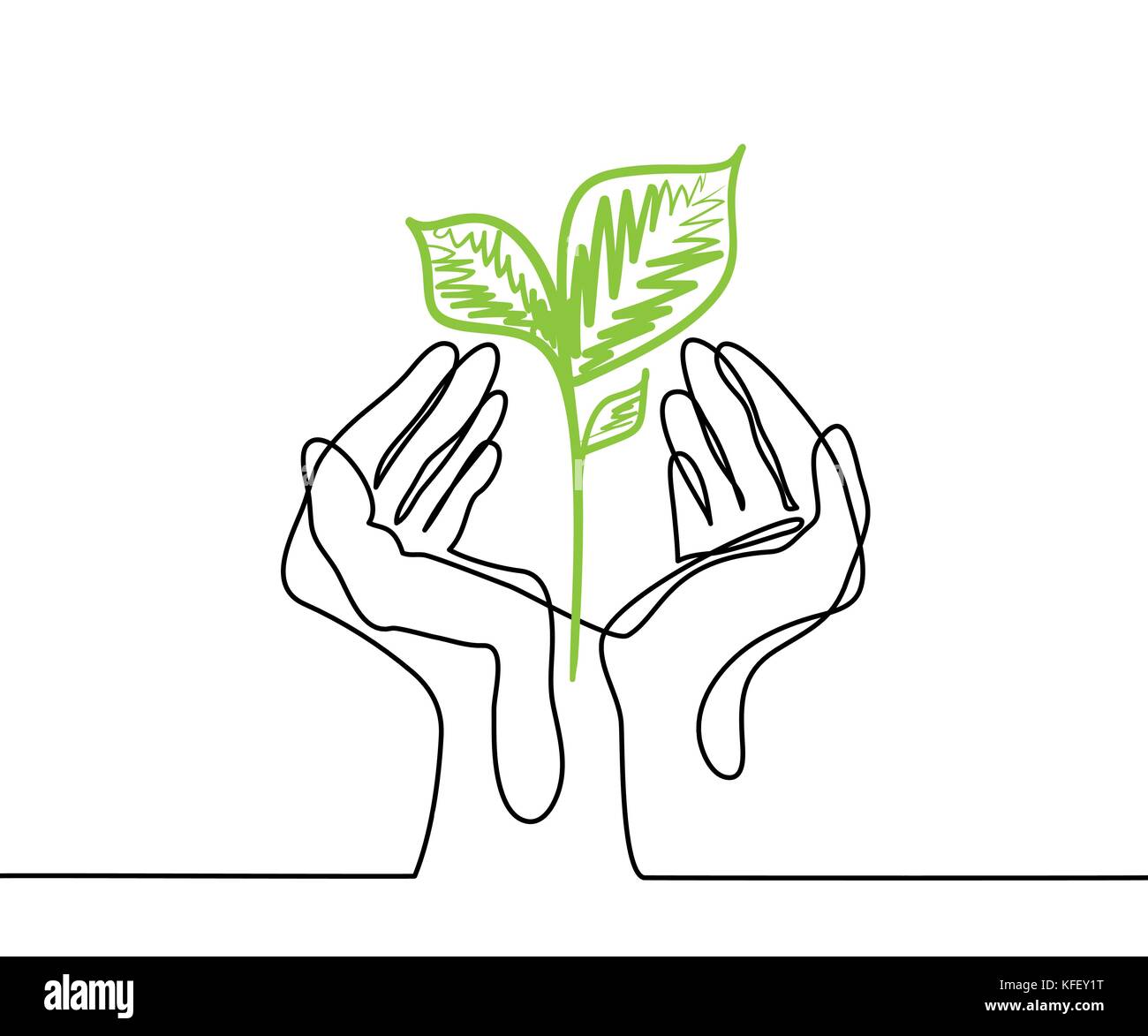 Händen hält eine grüne Pflanze Sämling. Durchgehende Linie zeichnen. Vector Illustration Stock Vektor