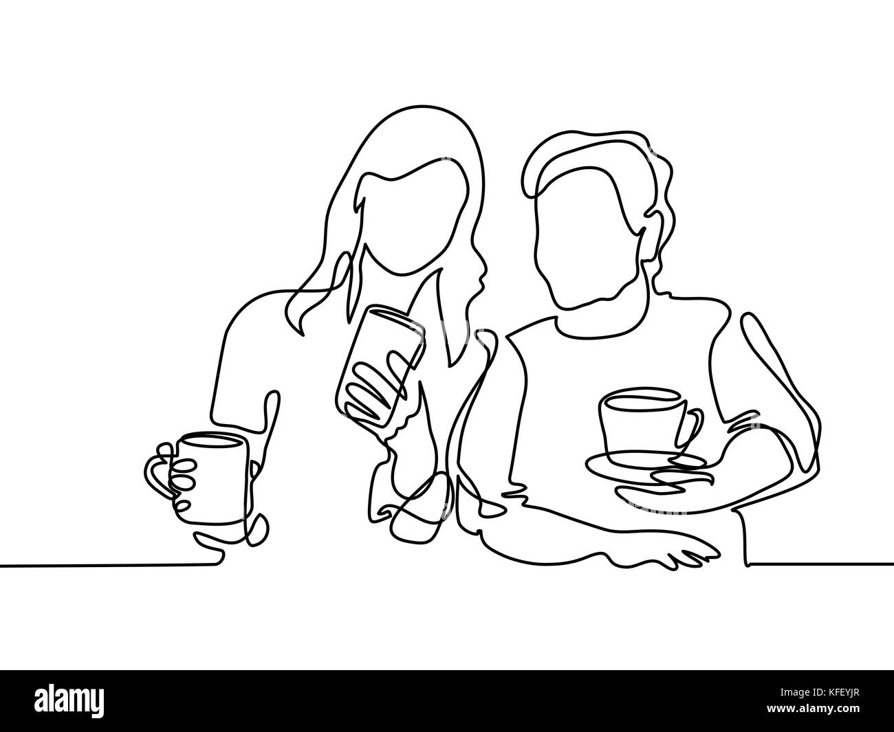 Durchgehende Linie zeichnen. Junge Frau, Smartphone an die alte Großmutter und trinken Kaffee oder Tee. Vector Illustration Stock Vektor