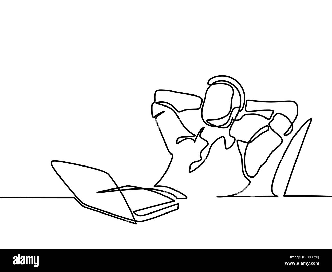 Durchgehende Linie zeichnen. Unternehmer Denken und Träumen mit seinem Laptop auf weißem Hintergrund. Vector Illustration Stock Vektor