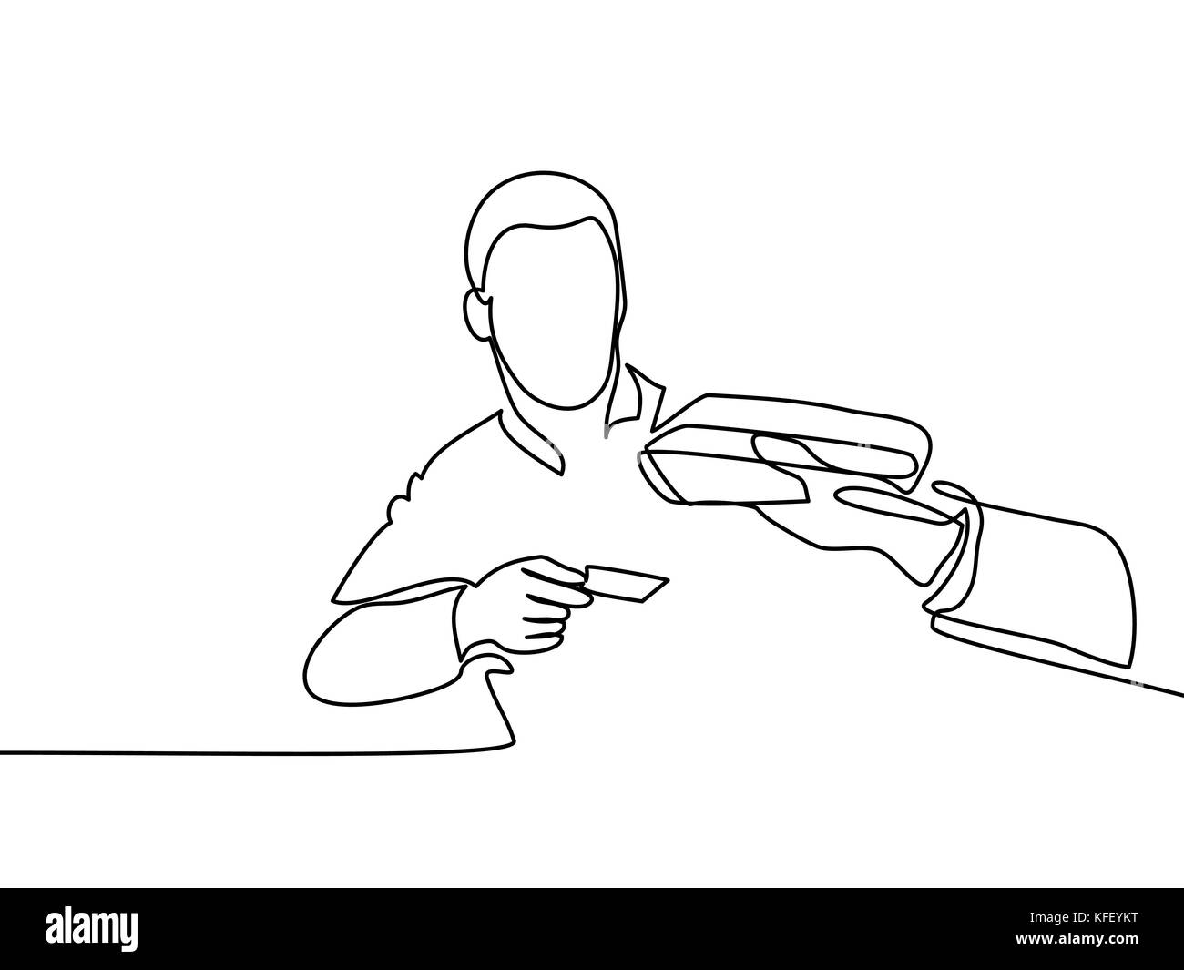 Mann eingabe Kreditkarte in streichen. Durchgehende Linie zeichnen. Vector Illustration Stock Vektor