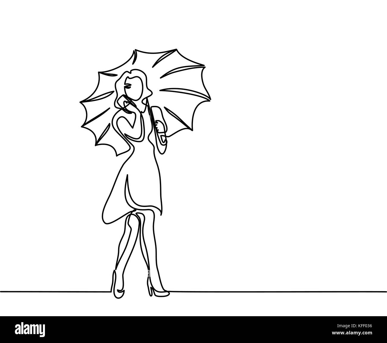 Glückliche Frau Gespräch per Telefon mit Regenschirm. Durchgehende Linie zeichnen. Vector Illustration. Stock Vektor