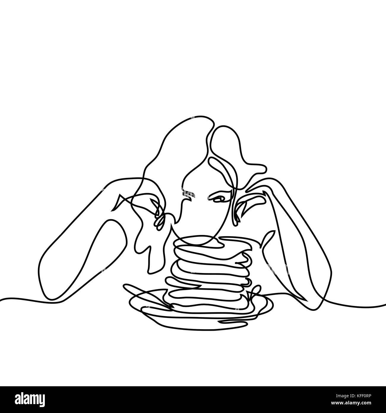 Abstrakte Porträt der schönen jungen Frau an Pfannkuchen am Tisch suchen. Durchgehende Linie zeichnen. Vector Illustration auf weißem Hintergrund Stock Vektor