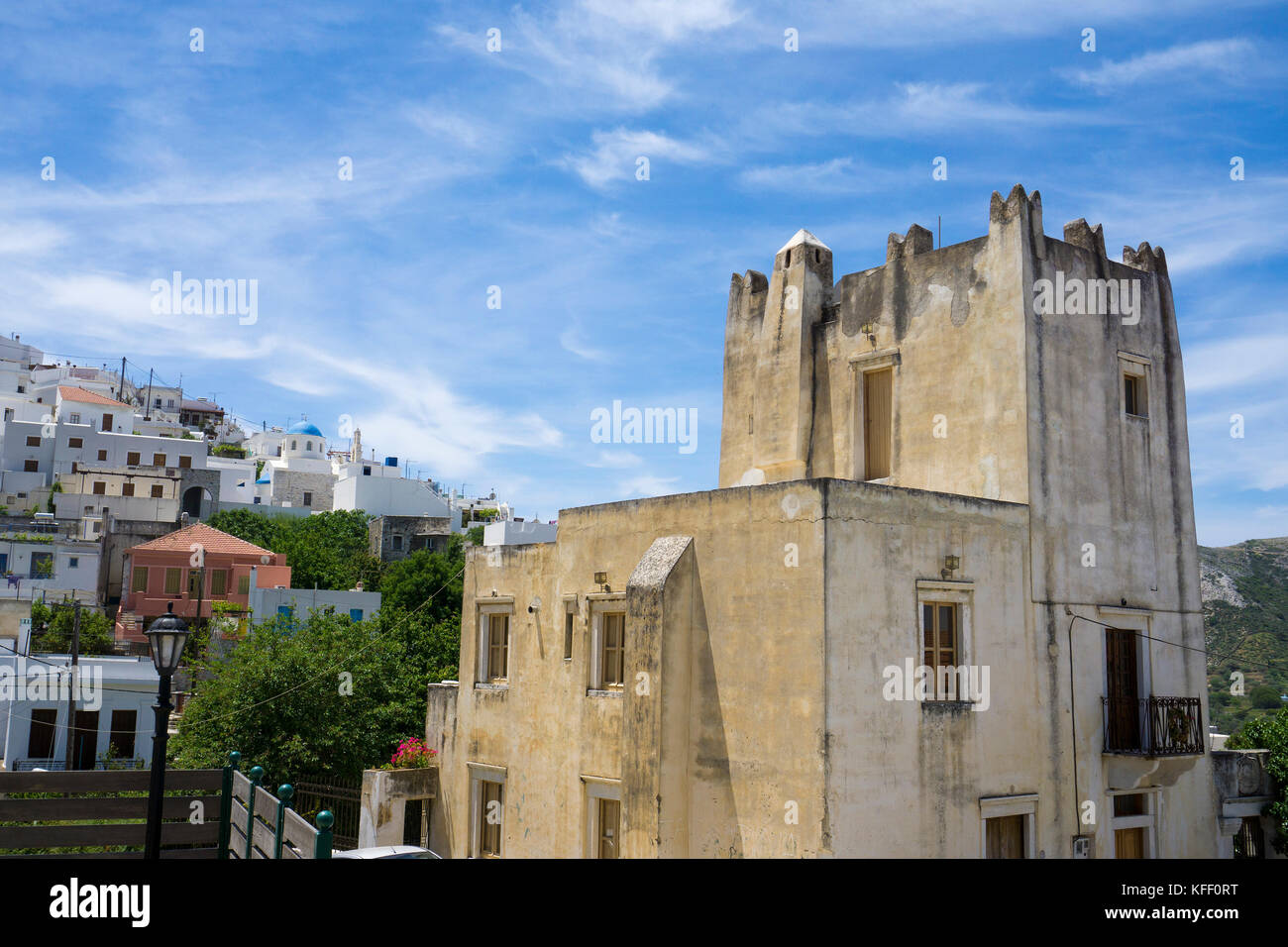 Barozzi Turm am Dorf Filoti, Insel Naxos, Kykladen, Ägäis, Griechenland Stockfoto