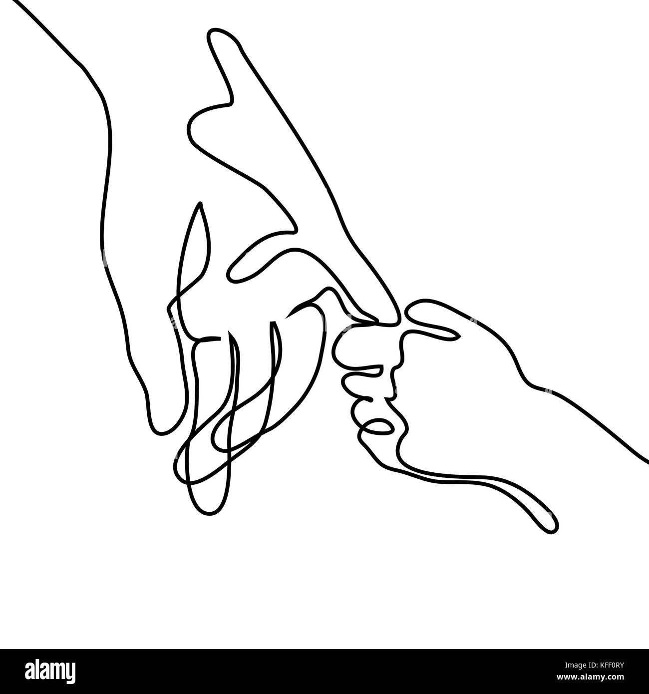 Baby Holding mit dem kleinen Finger in der Erwachsenen Hände zusammen. Durchgehende Linie zeichnen. Vector Illustration auf weißem Hintergrund Stock Vektor