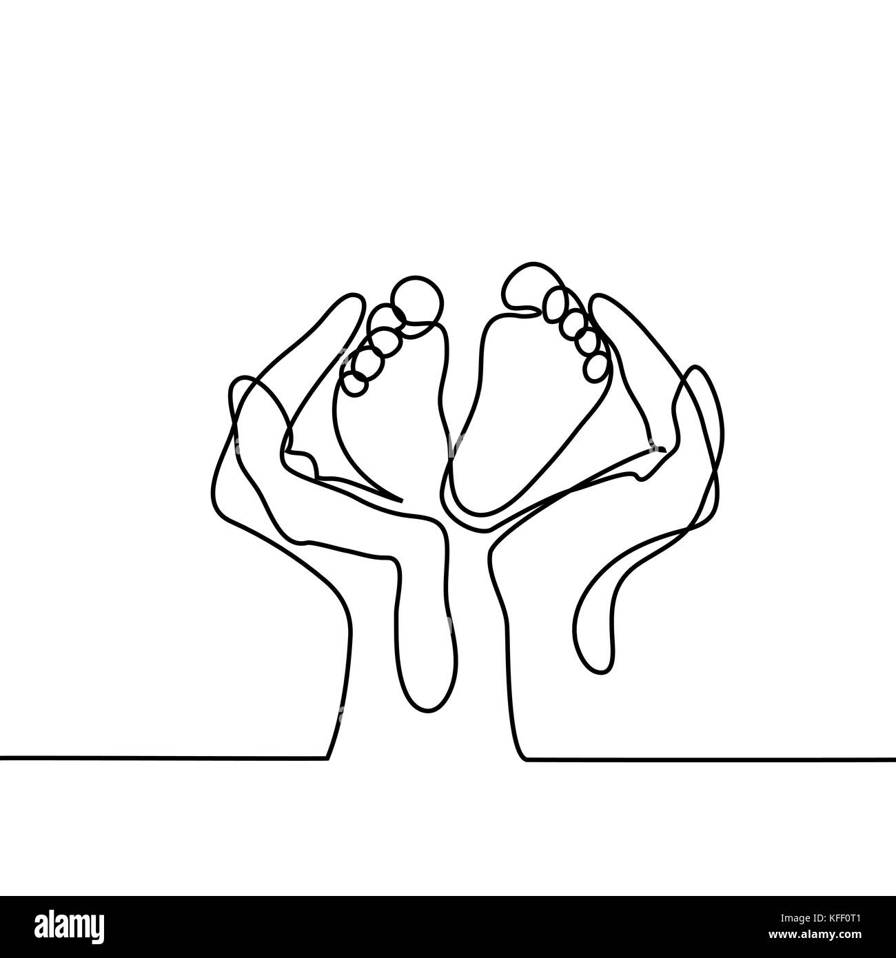 Hände halten Baby Fuß-Symbol. Durchgehende Linie zeichnen. Vector Illustration auf weißem Hintergrund Stock Vektor