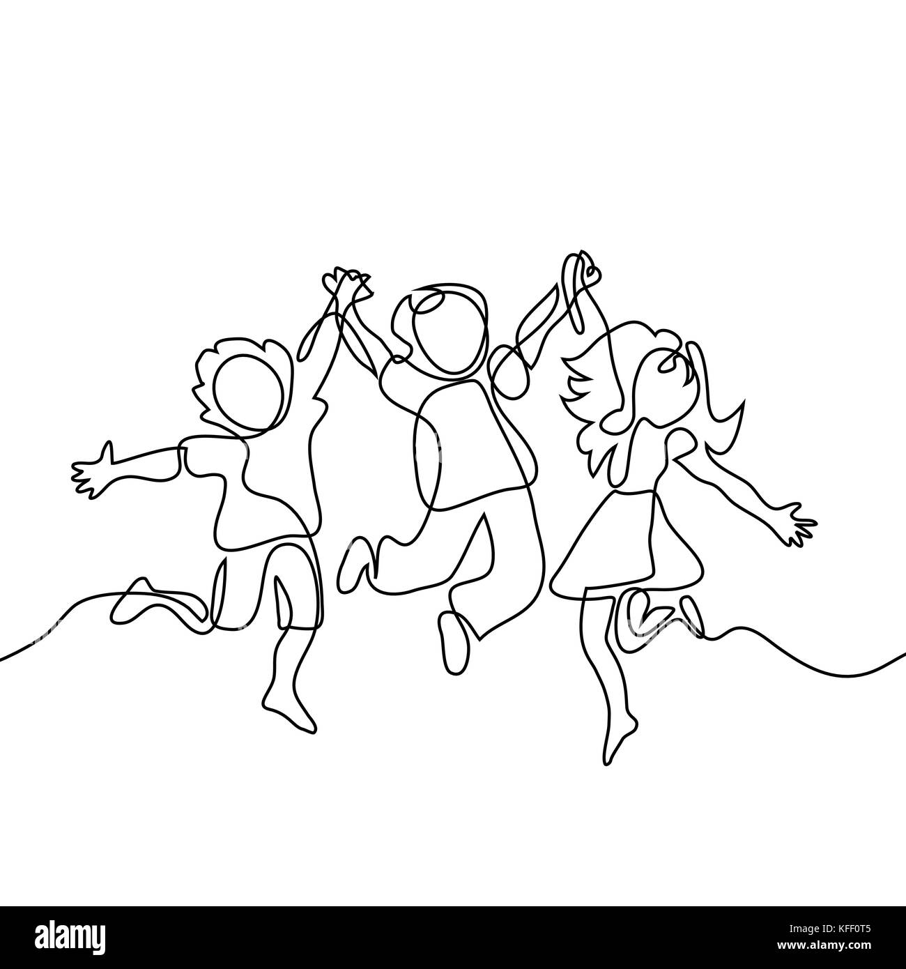 Gerne springen Kinder halten sich an den Händen. Durchgehende Linie zeichnen. Vector Illustration auf weißem Hintergrund Stock Vektor
