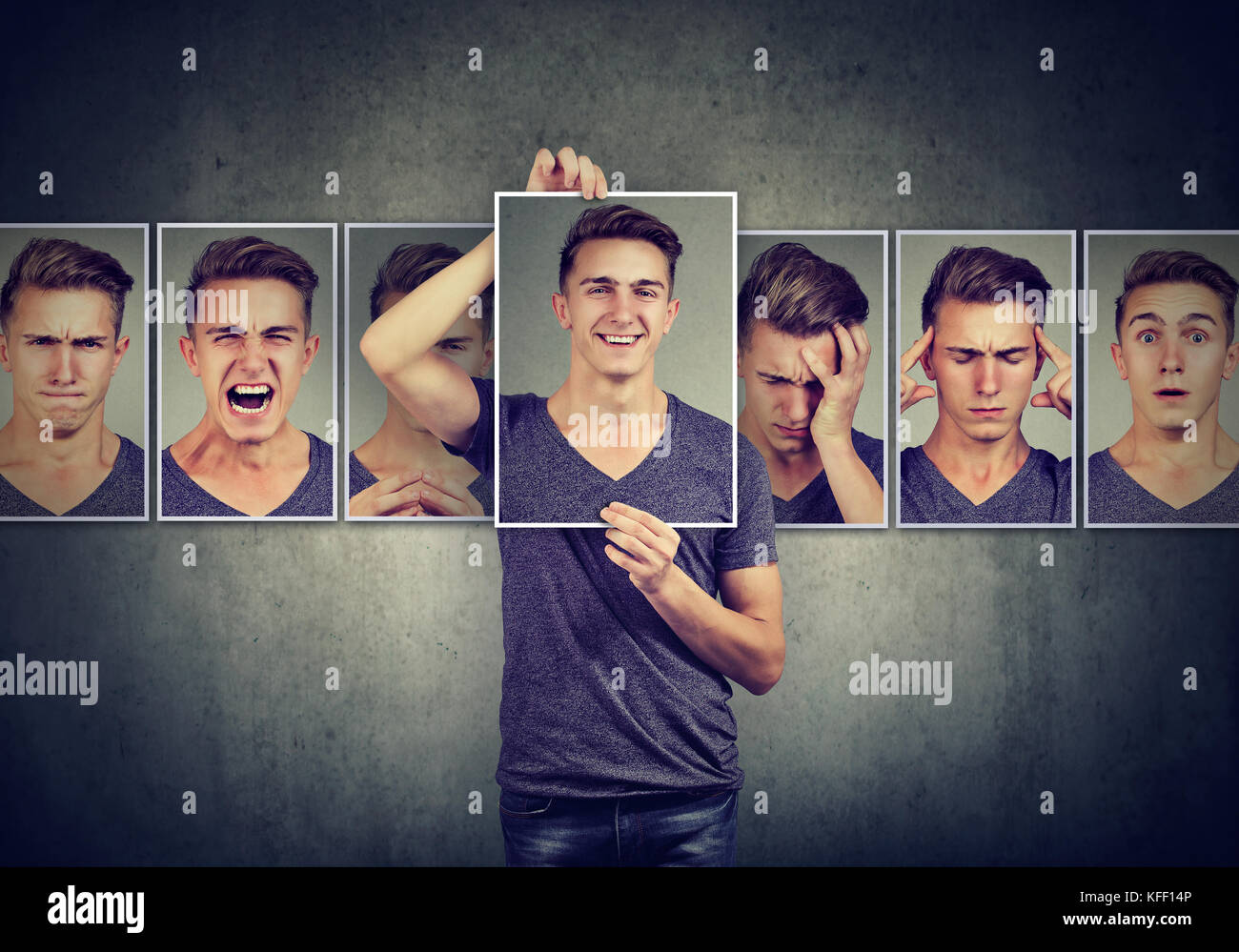 Maskierte junge Mann verschiedene Emotionen ausdrücken Stockfoto