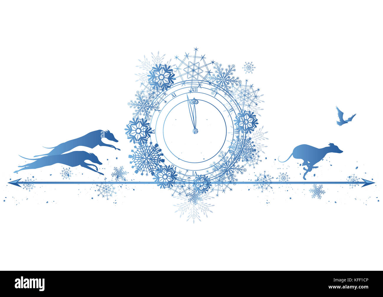 Neues Jahr Grenze mit Hunden, Raven und Uhr in blauen Farben Stockfoto