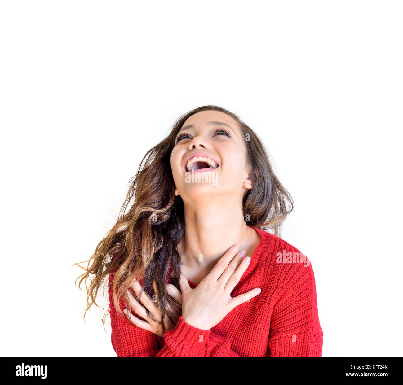 Asiatischen Teenager Frau roten Kleid glücklich Freude emotionalen Ausdruck, die isoliert auf weißem Hintergrund Stockfoto
