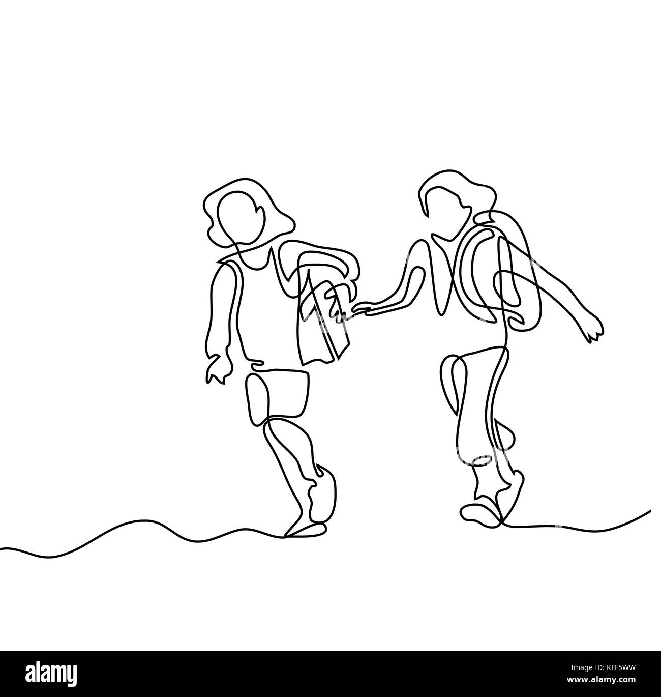 Kinder zurück in die Schule mit Taschen. Durchgehende Linie zeichnen. Vector Illustration auf weißem Hintergrund Stock Vektor