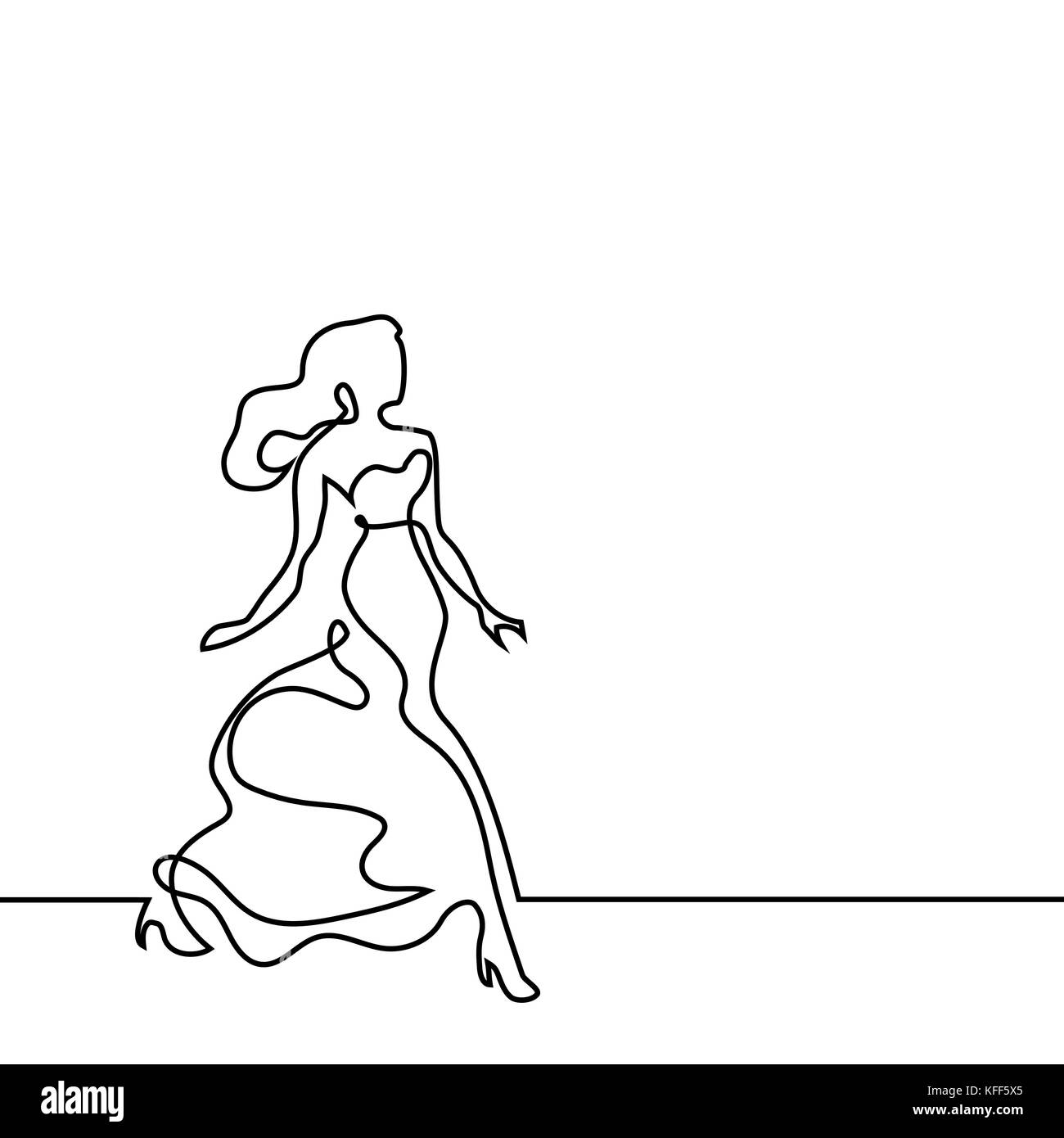 Bewegliche Frau in Mode Kleid. Durchgehende Linie zeichnen Vector Illustration Stock Vektor