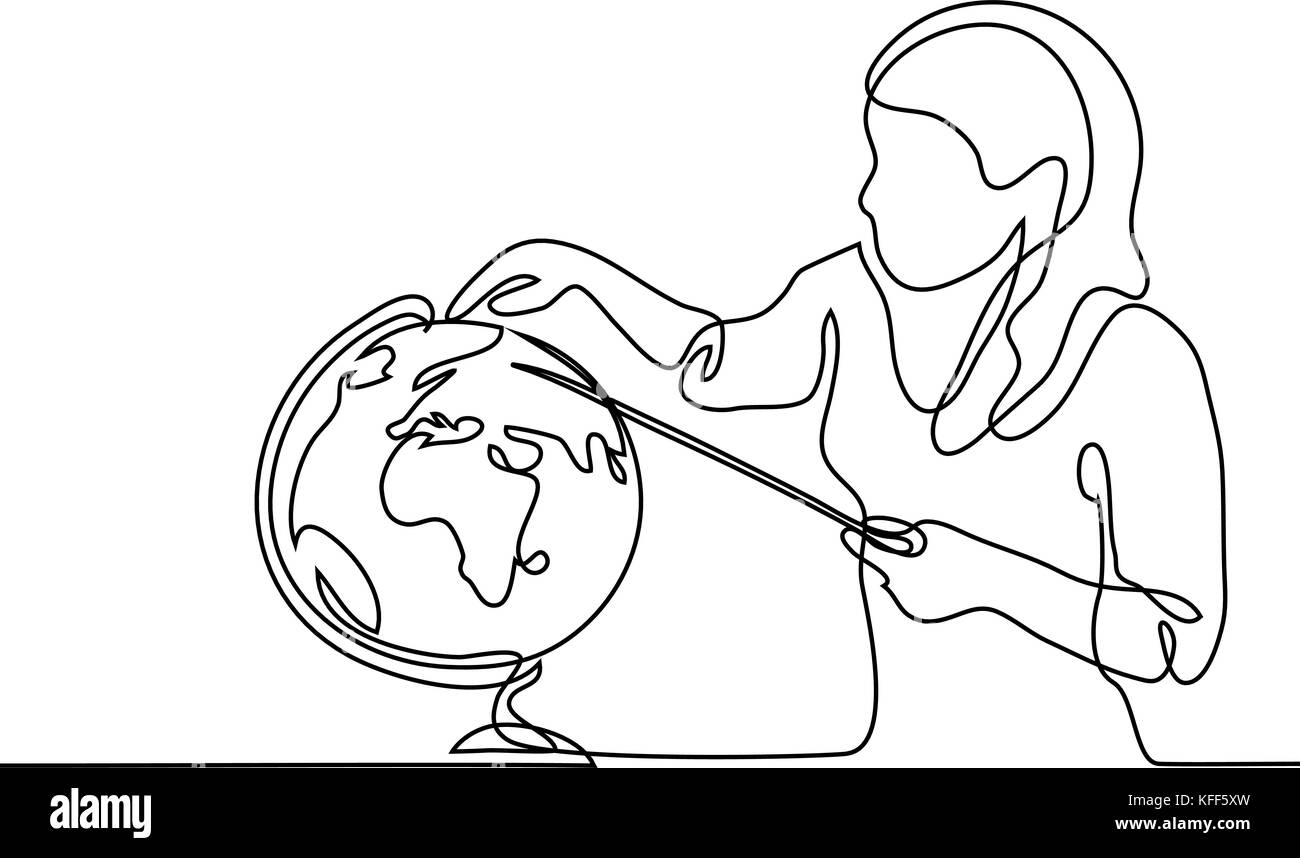 Lehrer mit Zeiger und Globus. Durchgehende Linie zeichnen Vector Illustration Zurück zur Schule Stock Vektor