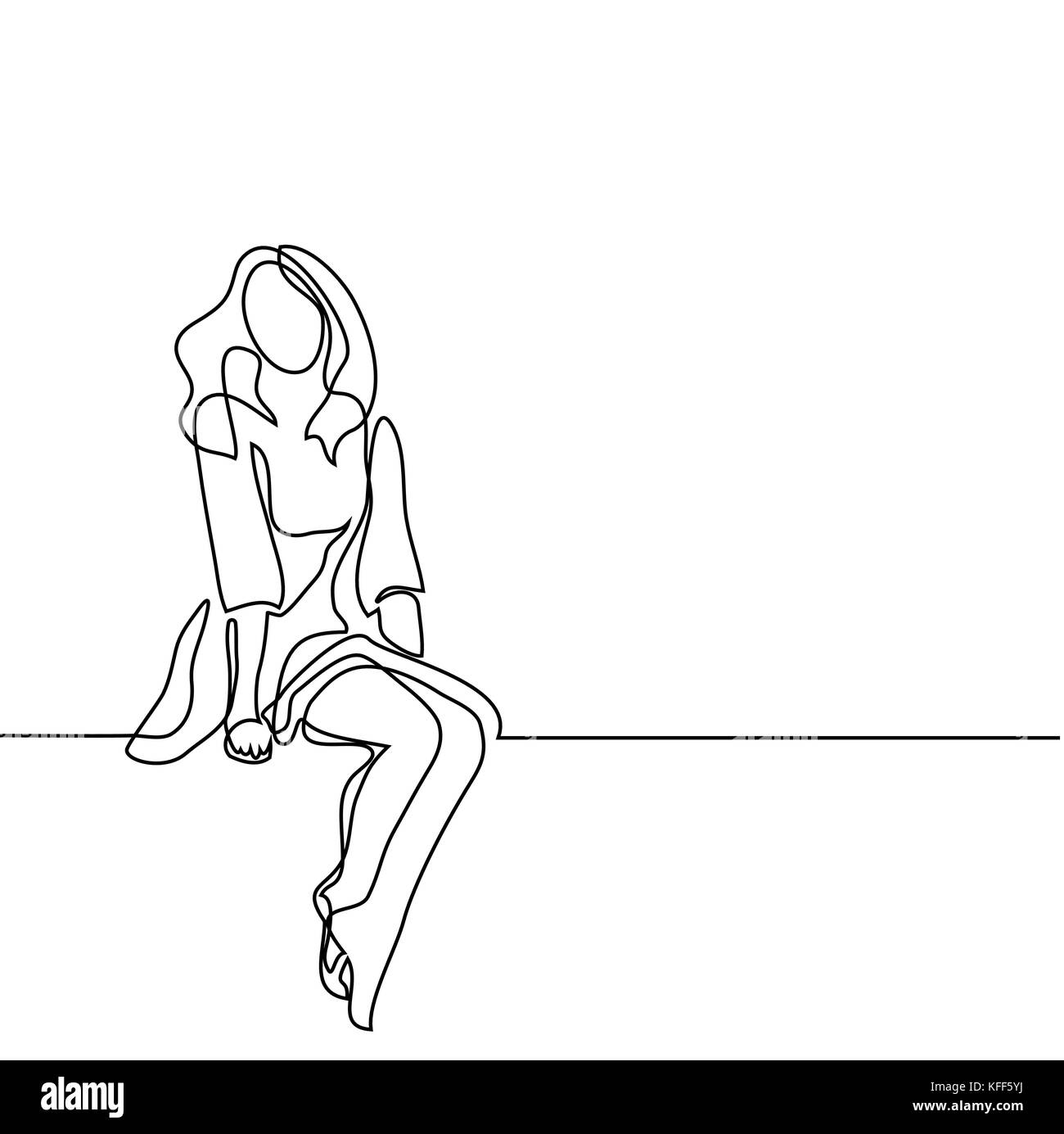 Junge Frau in Kleid sitzen. Durchgehende Linie zeichnen. Vector Illustration Stock Vektor