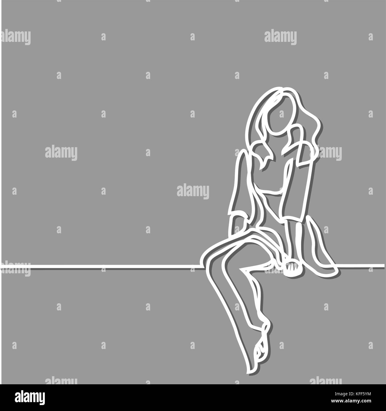 Junge Frau in Kleid sitzen. Durchgehende Linie zeichnen. Vector Illustration auf grauem Hintergrund. Stock Vektor
