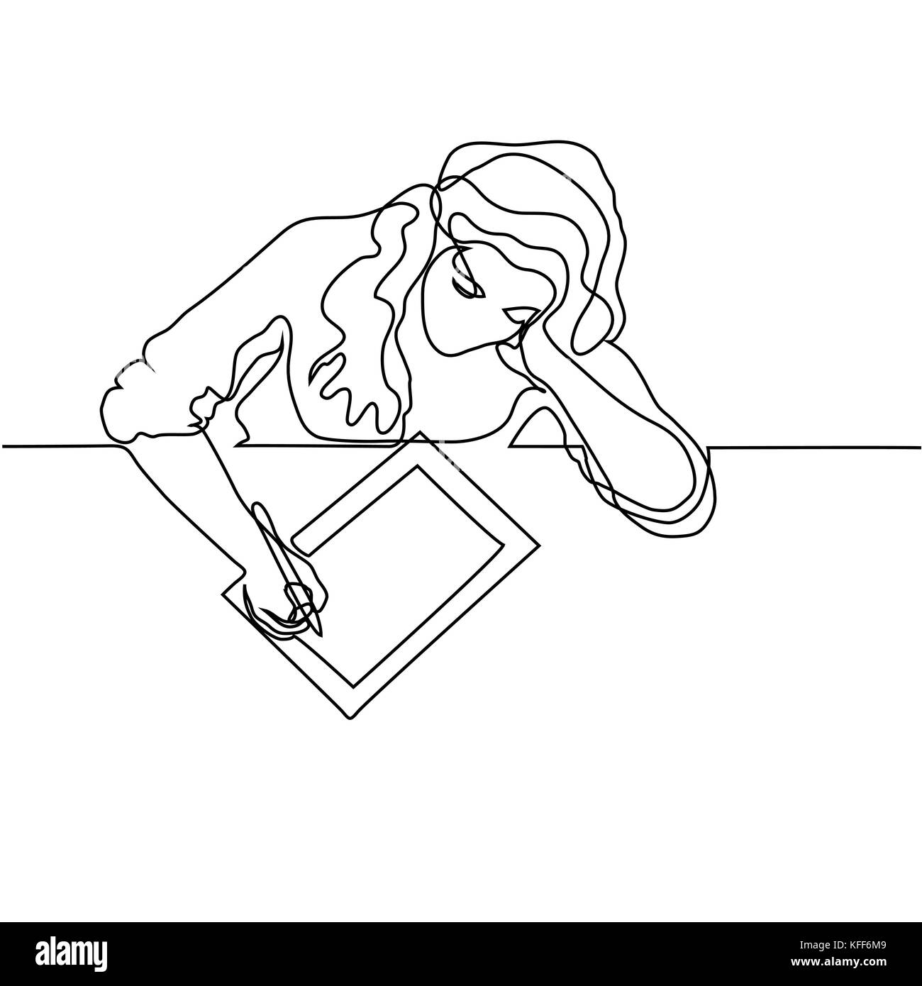 Durchgehende Linie zeichnen. Frau sitzt und Zeichnen mit Tablet. Vector Illustration Stock Vektor