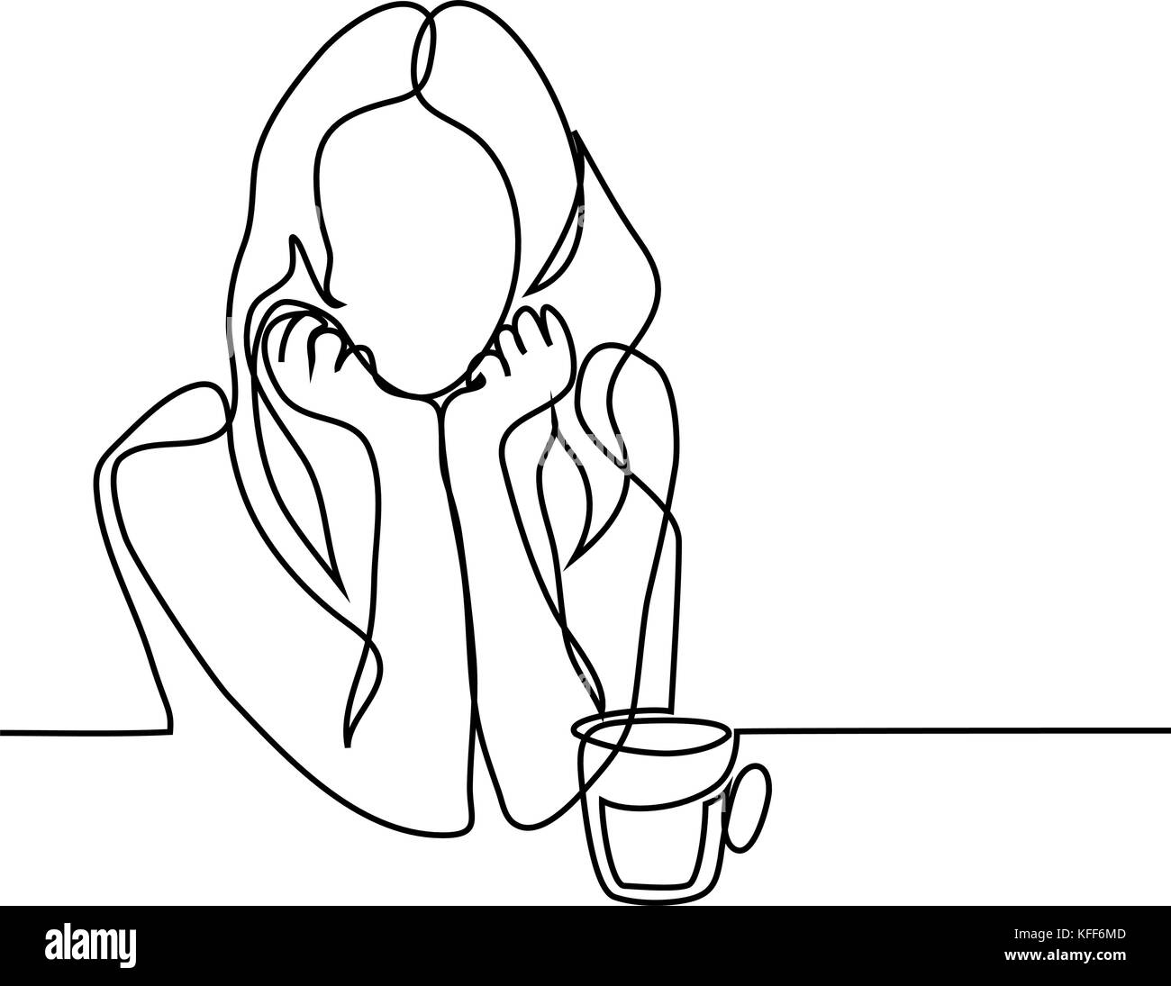Durchgehende Linie zeichnen. Abstrakte Porträt einer Frau, die bei einer Tasse Tee. Vector Illustration. Stock Vektor