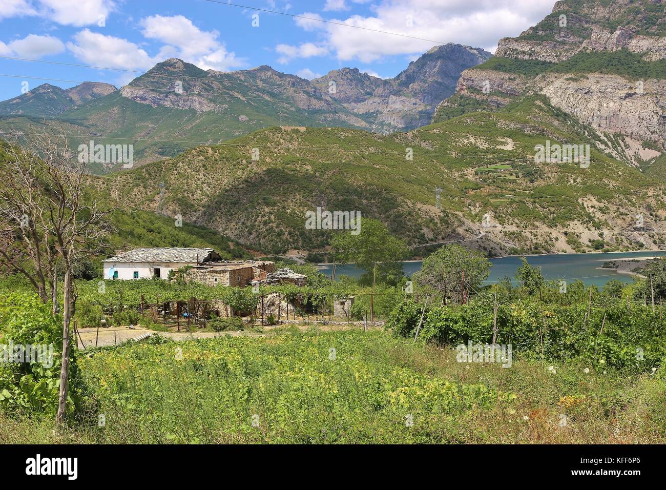 Berglandschaft auf Koman Fluss und Häuser, im Dorf Koman. In Albanien, Südosteuropa. Stockfoto