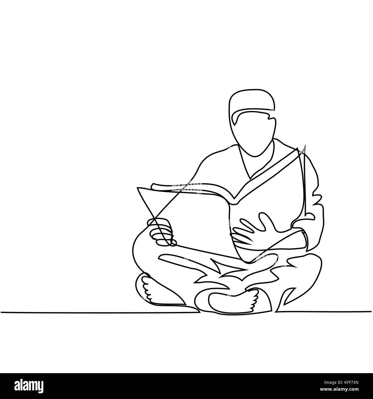 Mann in Fez lesen Koran. Durchgehende Linie zeichnen Vector Illustration Stock Vektor