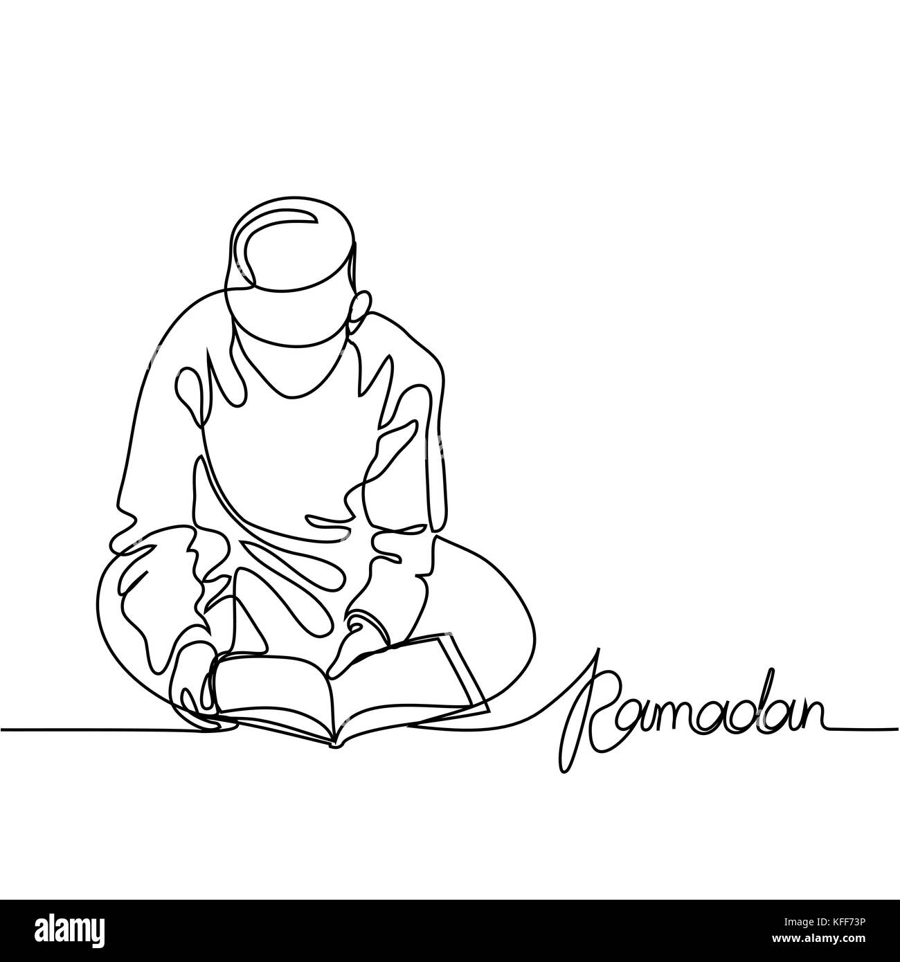 Junge in Fez lesen Koran. Durchgehende Linie zeichnen Vector Illustration Stock Vektor