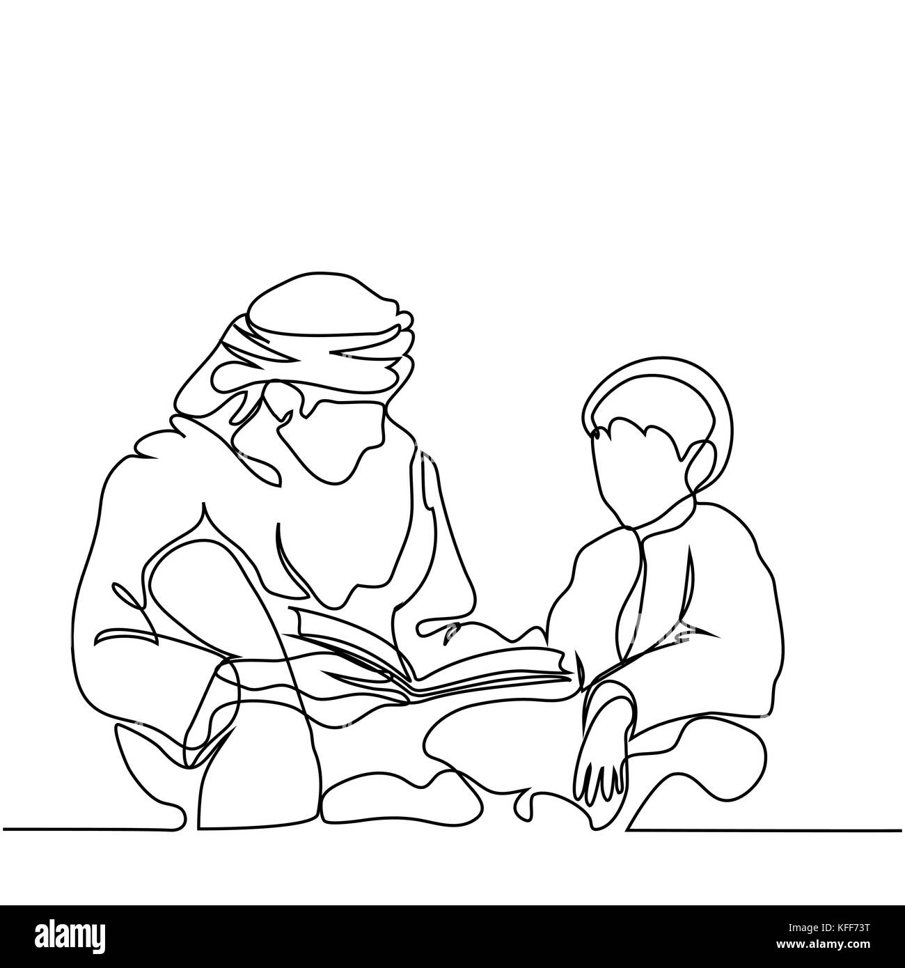Mann und der Junge lesen Koran. Durchgehende Linie zeichnen Vector Illustration Stock Vektor
