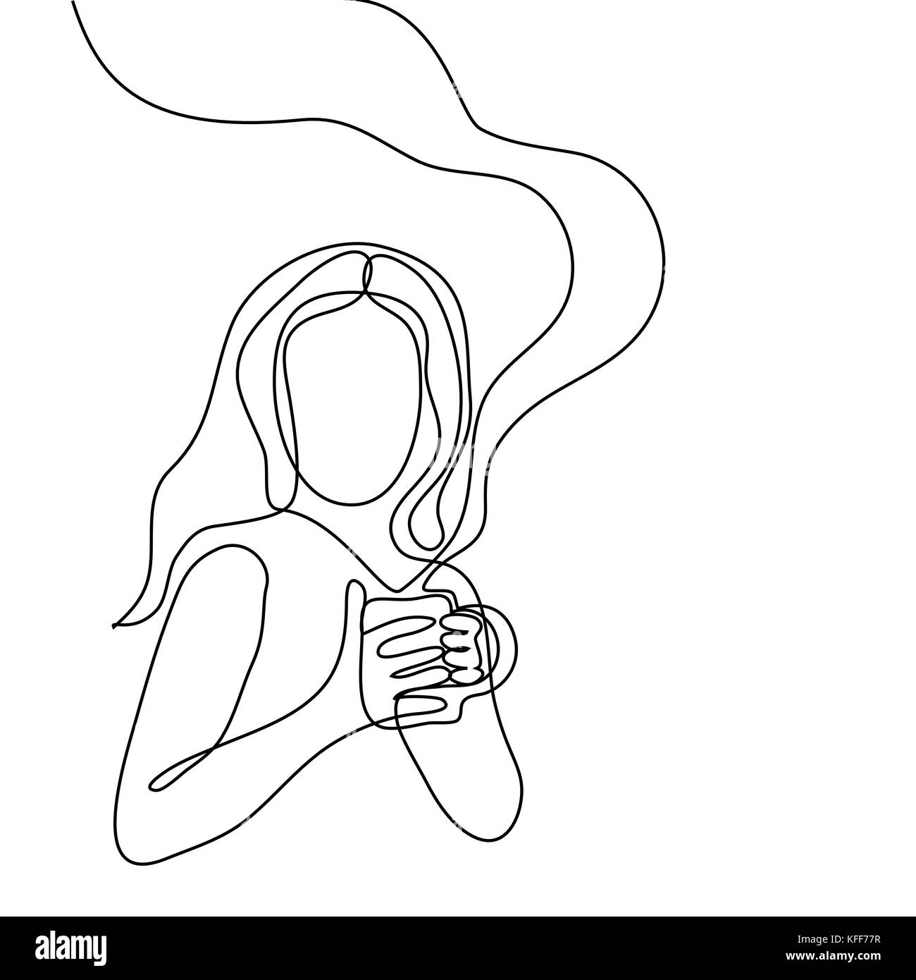 Durchgehende Linie zeichnen. Abstrakte Porträt einer Frau, die bei einer Tasse Tee. Vector Illustration. Stock Vektor