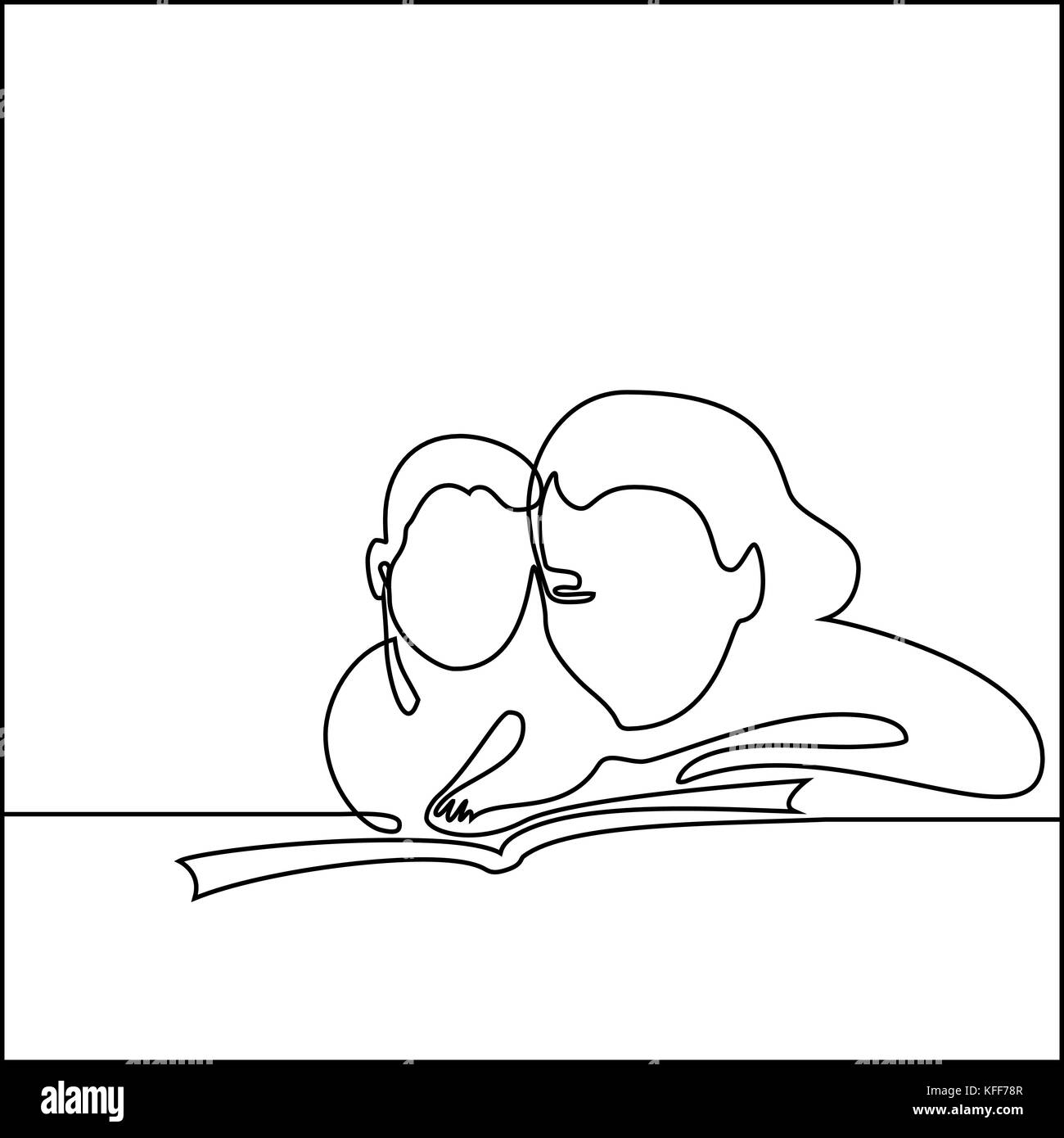 Logo mit Mutter und ihrem Baby lesen Buch. Durchgehende Linie zeichnen Vector Illustration Stock Vektor