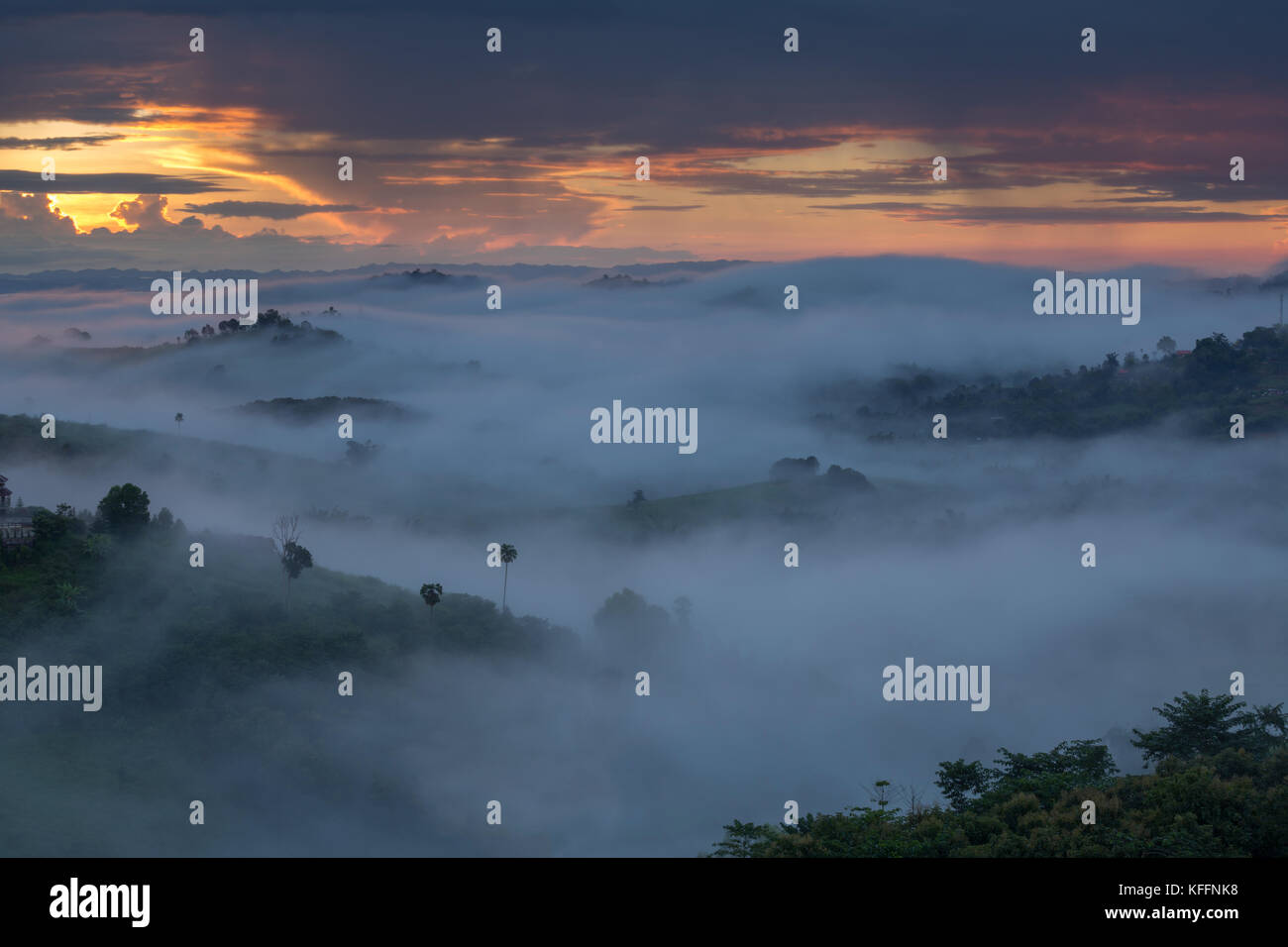 Sonne und neblig./Berg und Neblig in Phetchabun Provinz, Thailand. Stockfoto