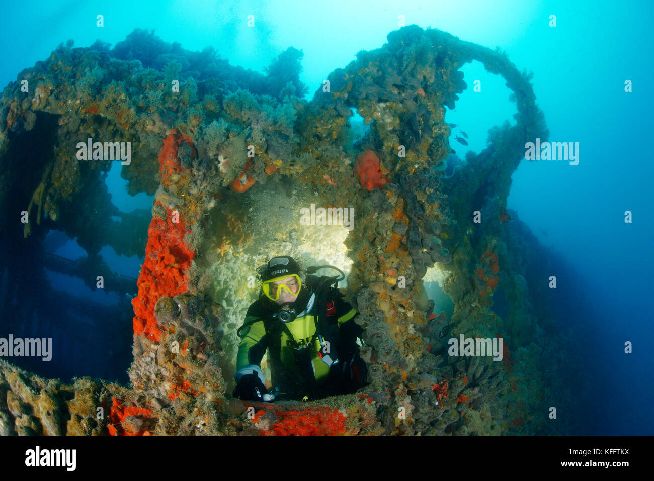 Schiffswrack Baron Gautsch und Scuba Diver, Adria, Mittelmeer, Istrien, Kroatien Stockfoto