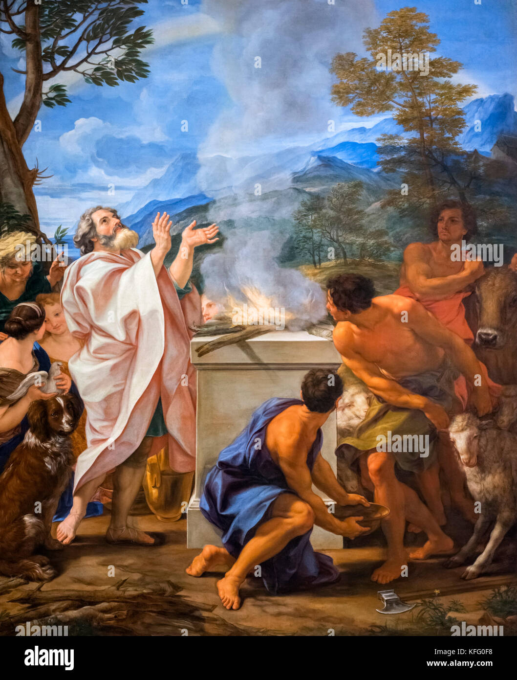 Die danksagung von Noah von Il Baciccio (Giovanni Battista Gaulli: 1639-1709), Öl auf Leinwand, C.1700, Noah und seine Familie mit einem Opfer, Gott nach Überlebenden der Sintflut. Stockfoto