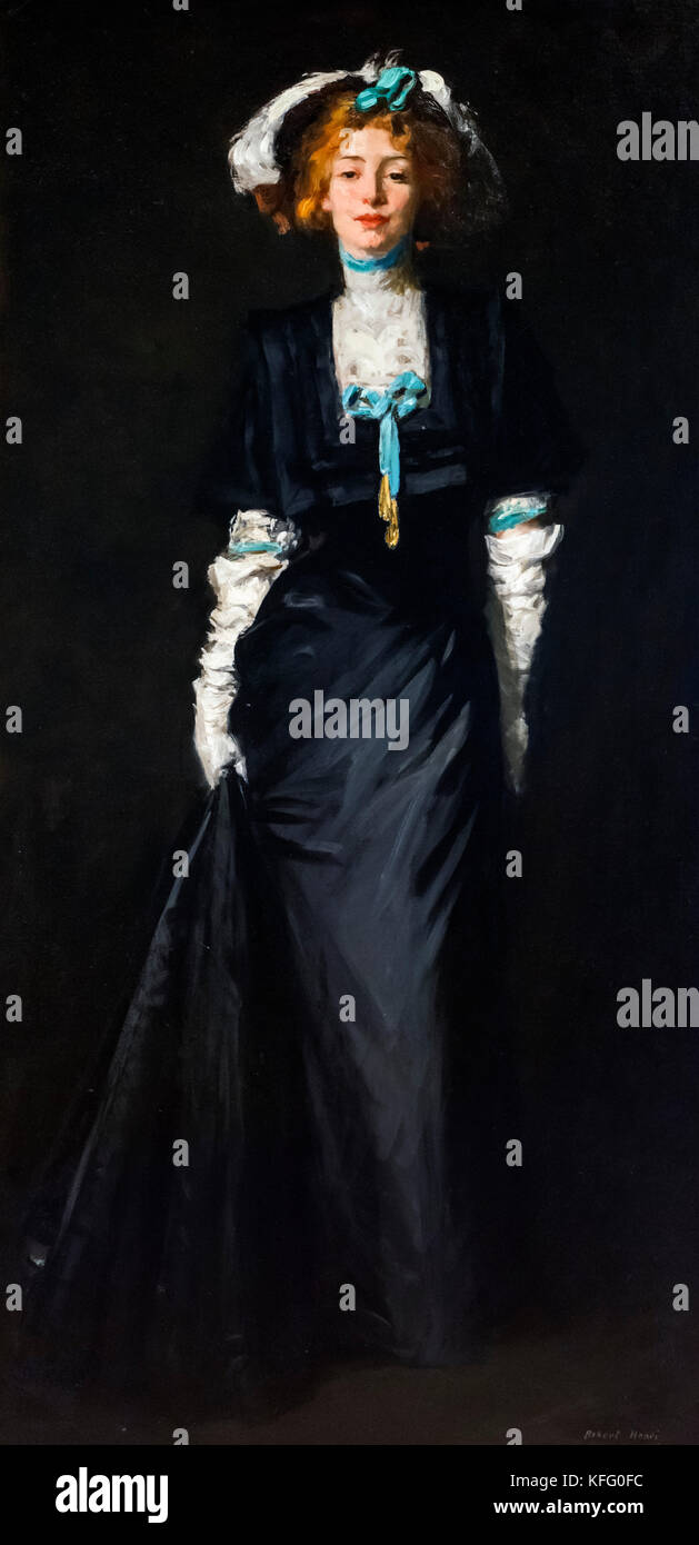 Jessica Penn in Schwarz mit weißen Federn von Robert Henri (1865-1929), Öl auf Leinwand, 1908 Stockfoto