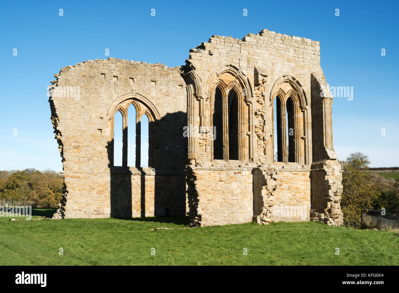 Reste der Kirche, Egglestone Abbey, Barnard Castle, Co Durham, England, Großbritannien Stockfoto