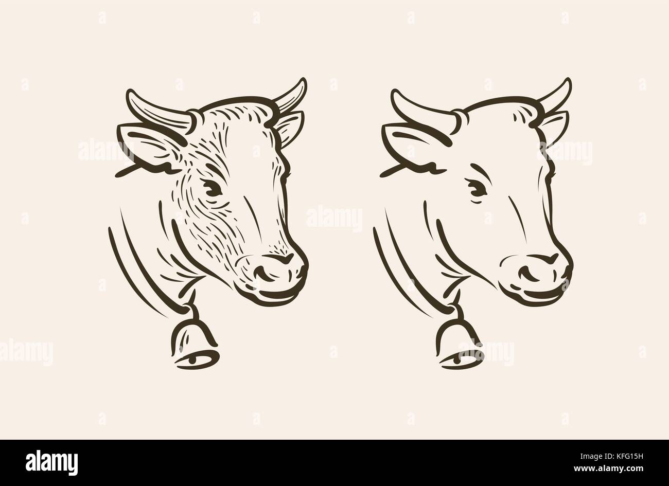 Kuhporträt mit Glocke. Milchfarm, Tiersymbol oder Symbol. Illustration des Skizzenvektors Stock Vektor