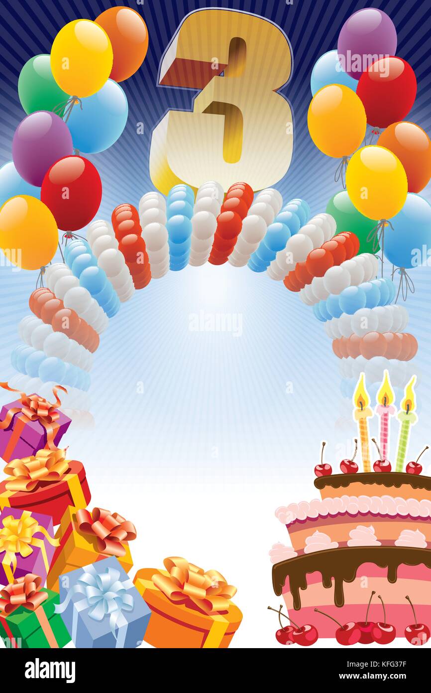 Hintergrund mit Design Elemente und die Geburtstagstorte. das Plakat oder Einladung für 3. Geburtstag oder Jubiläum. Stock Vektor