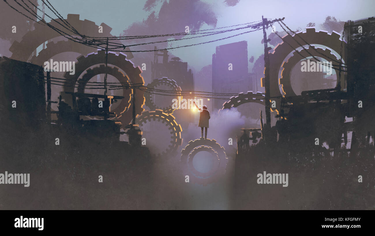 Nacht Landschaft der Mann mit der Laterne stehend auf riesigen Gänge in der dunklen Stadt, digital art Stil, Illustration Malerei Stockfoto